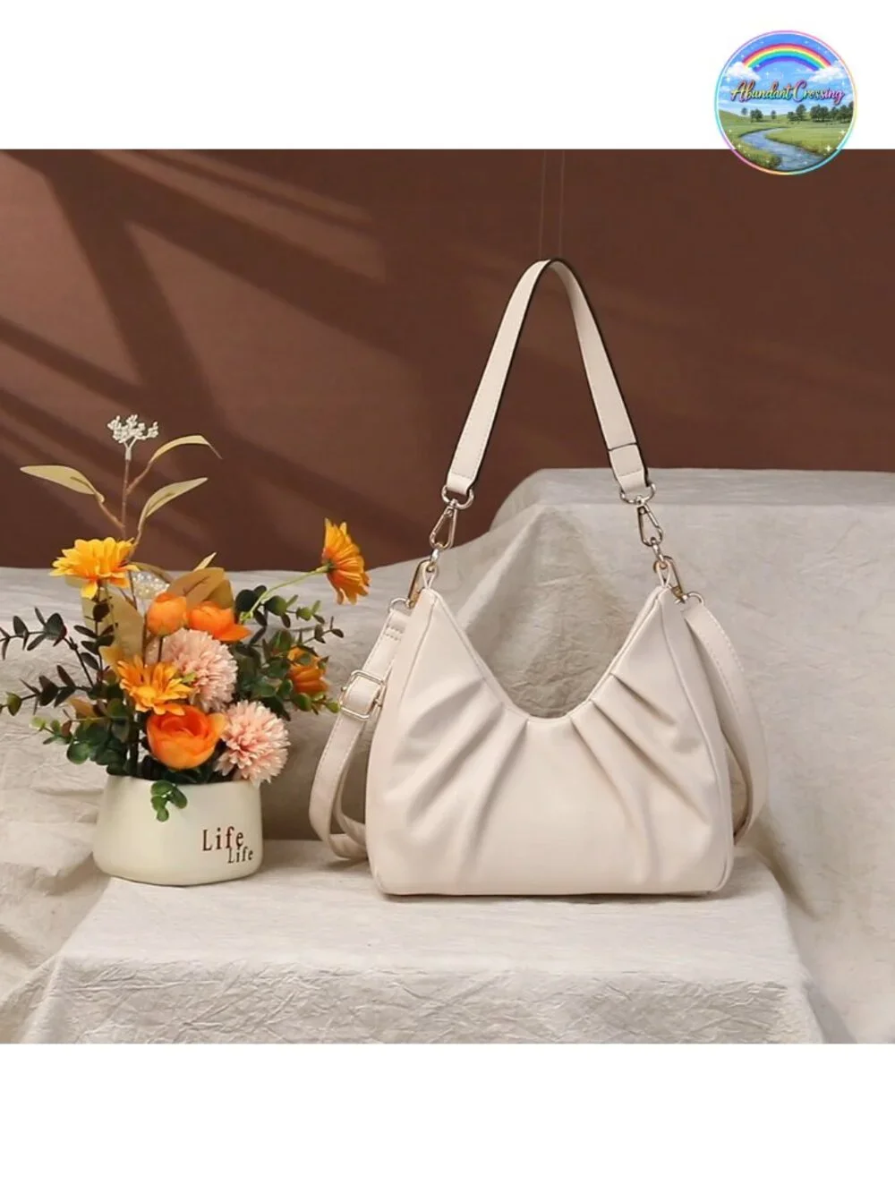 Vegan Leather Ruched Hobo Handbag Women's Shoulder Purse Crossbody with 2 Straps